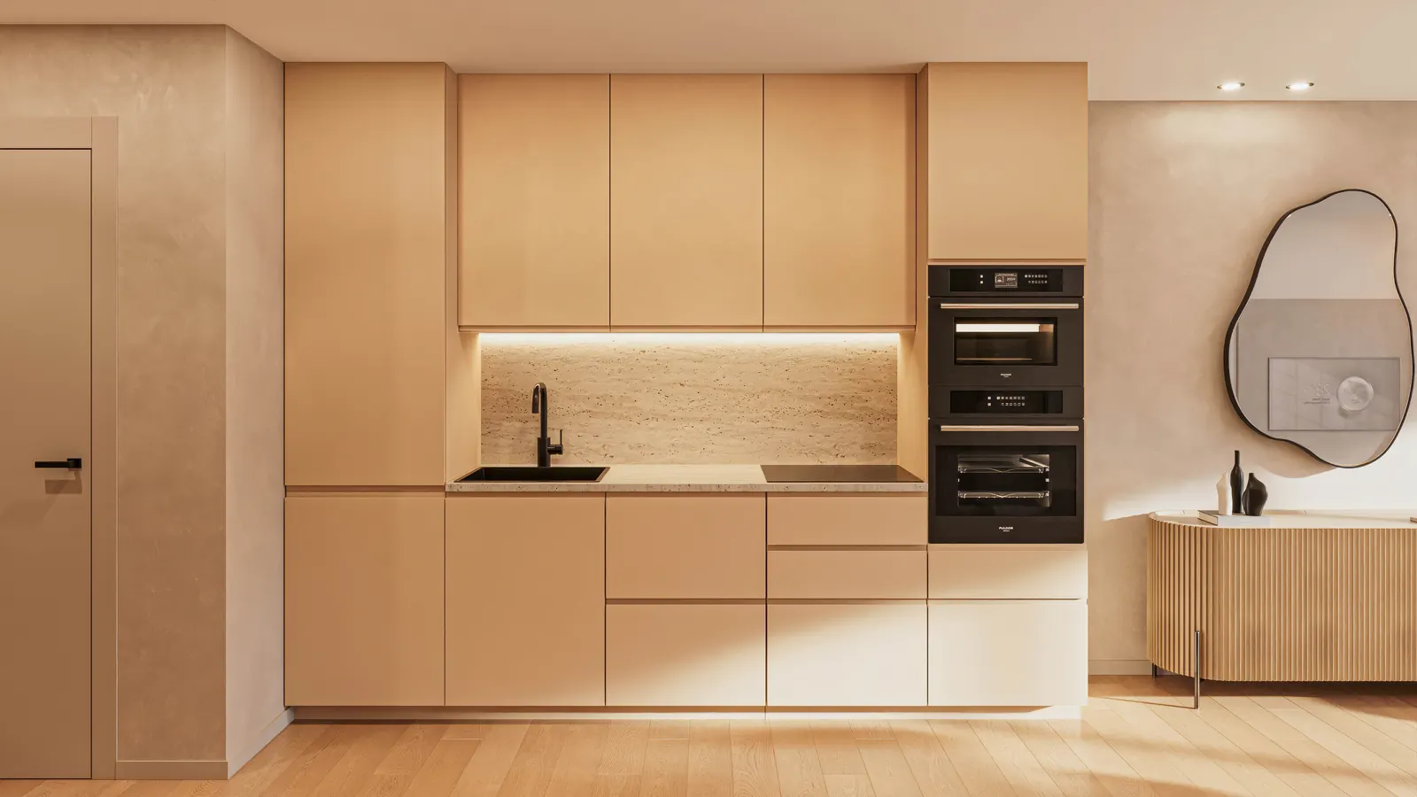 Render ilustrativo da cozinha de um T1 do Living Canedo