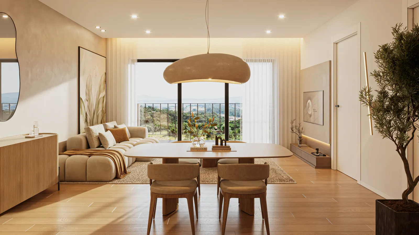 Render ilustrativo da sala de um T2 do Living Canedo