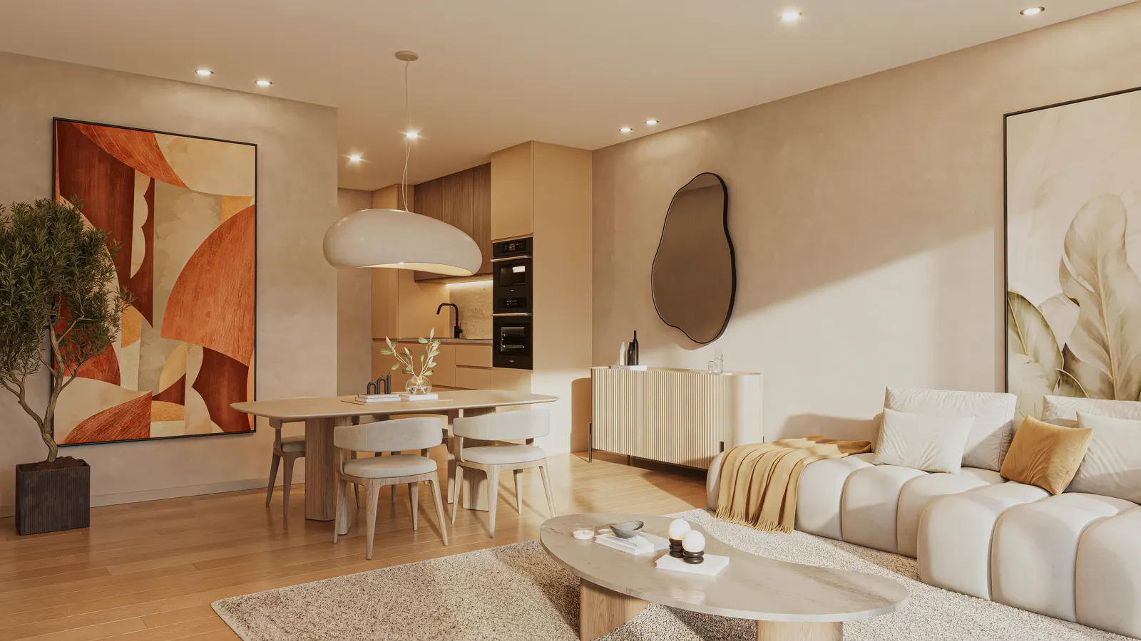 Render ilustrativo da sala com terraço de um T2 térreo do Living Canedo